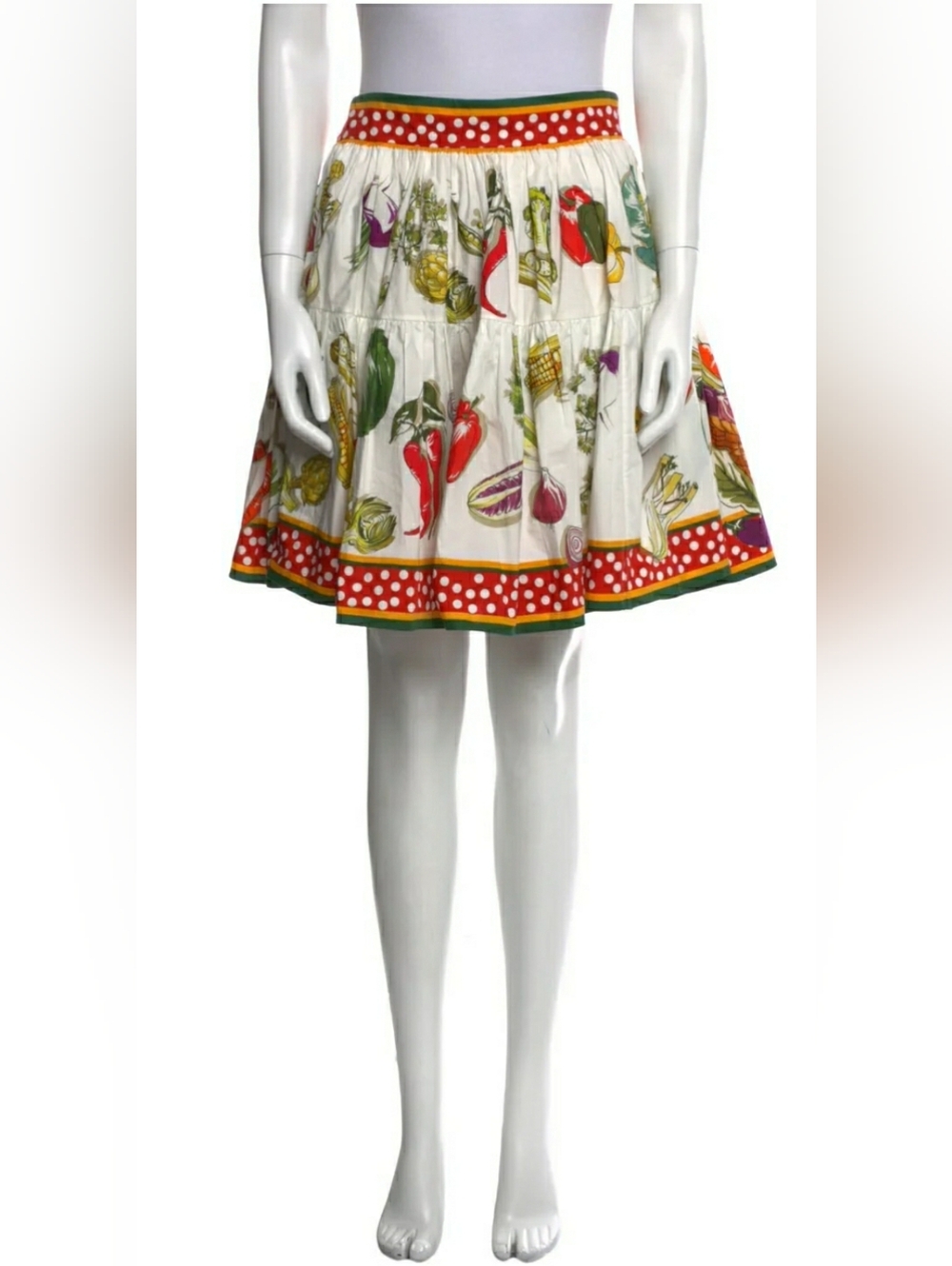 Dolce & Gabbana Vegetable Print Tiered Skirt with Red Polka Dot Trim